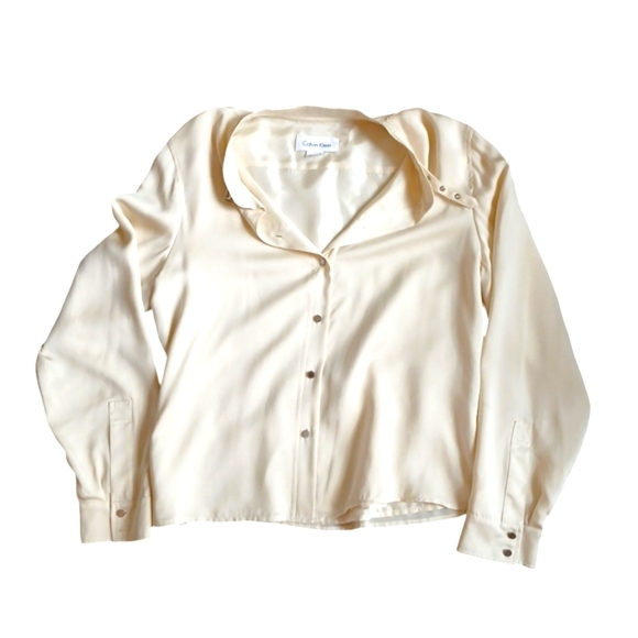Calvin Klein Silk Ivory Button Down Long Sleeve Shirt with Band Collar Medium - Picture 8 of 10